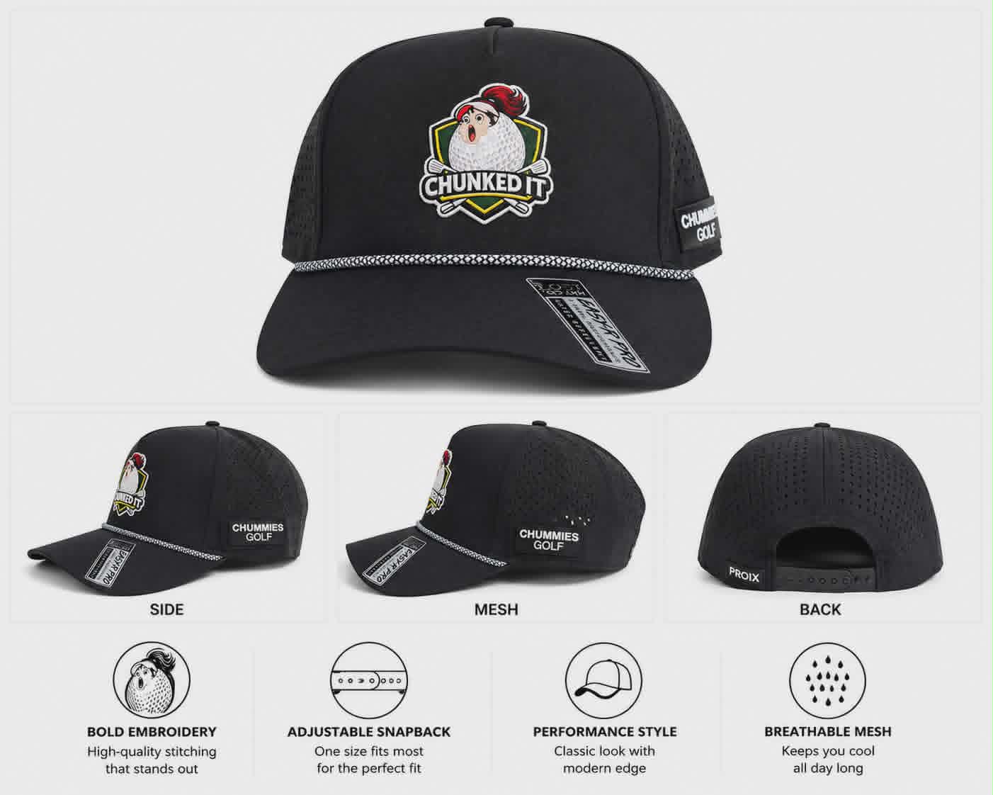 Chummies Golf “Chunked It” Performance Rope Hat – Black Snapback