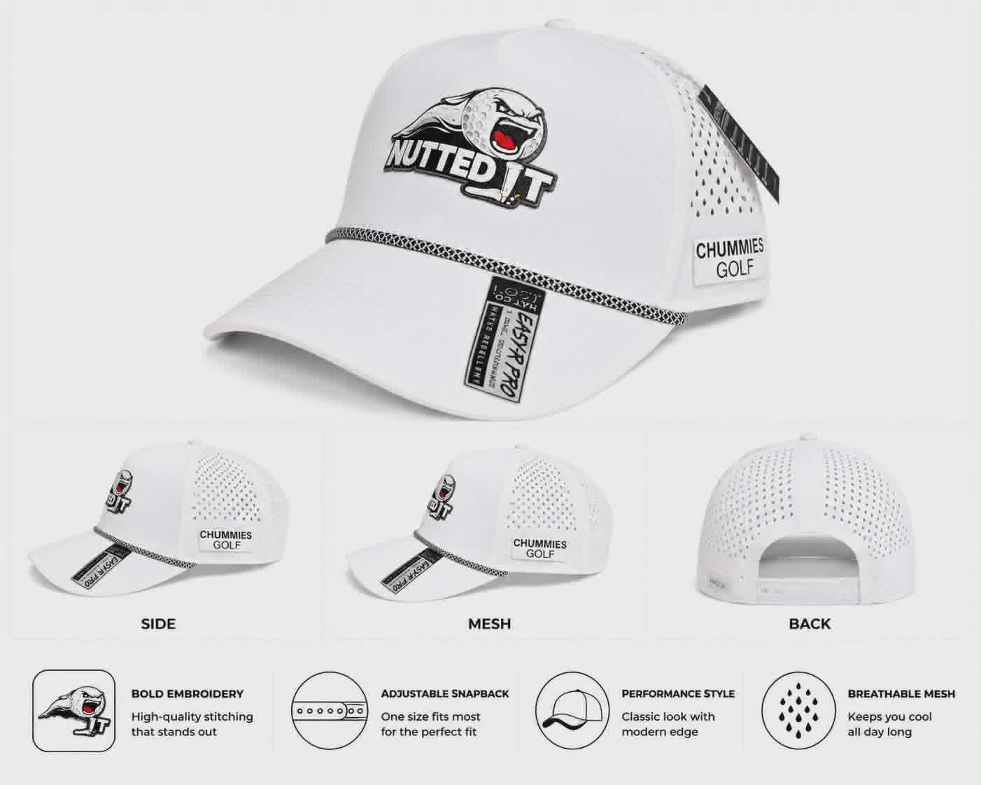 Chummies Golf “Nutted It” Performance Rope Hat – White Snapback