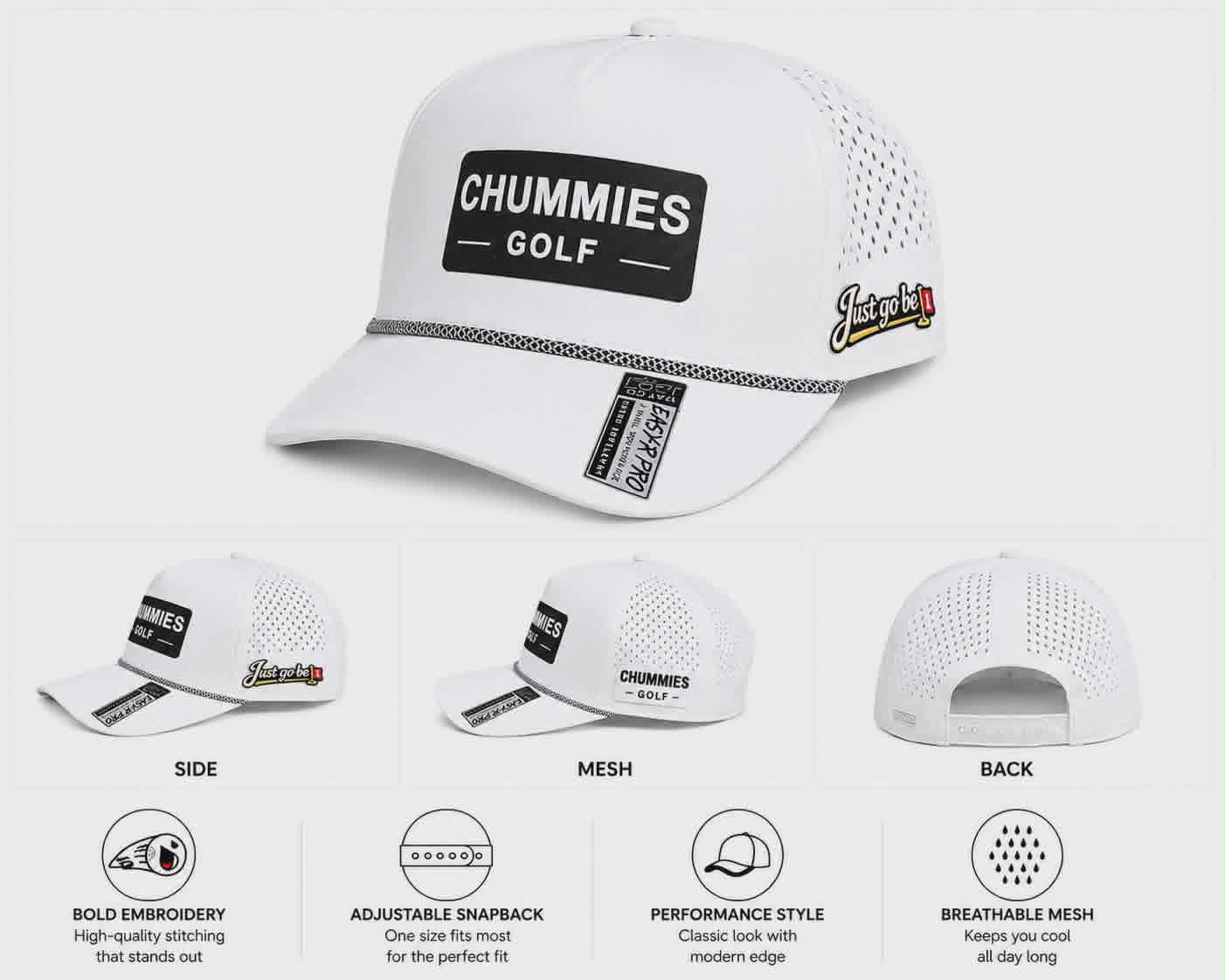 Chummies Golf Performance Rope Hat – White Snapback | Just Go Be 1 Edition