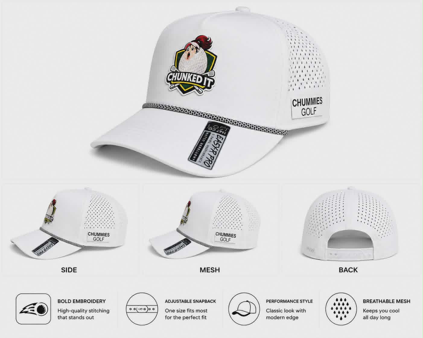 Chummies Golf “Chunked It” Performance Rope Hat – White Snapback