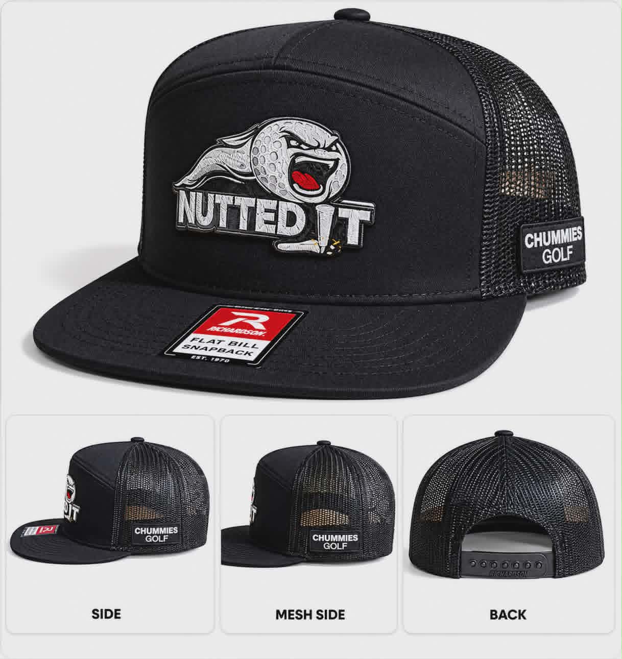 Chummies Golf “Nutted It” Richardson Flat Bill Snapback – Black Performance Hat