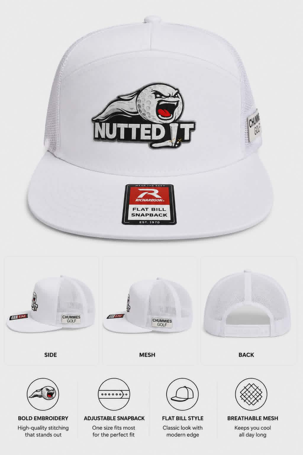Chummies Golf “Nutted It” Richardson Flat Bill Snapback – White Performance Hat