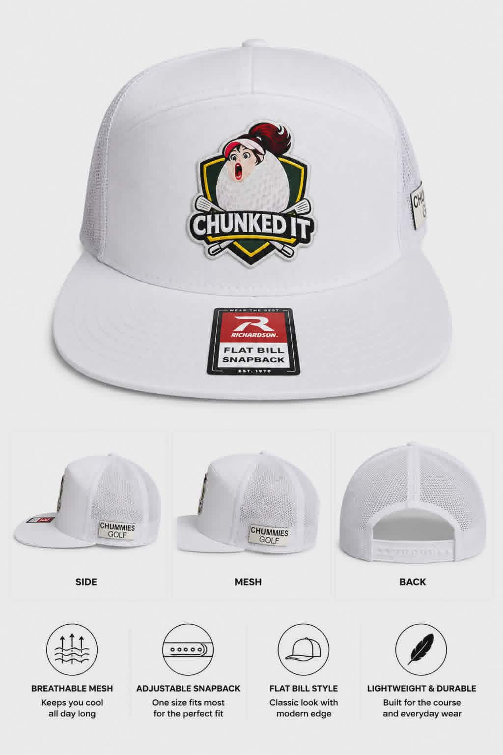 Chummies Golf “Chunked It” Richardson Flat Bill Snapback – White Performance Hat