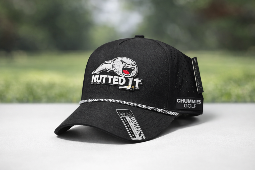 Chummies Golf “Nutted It” Performance Rope Hat – Black Snapback